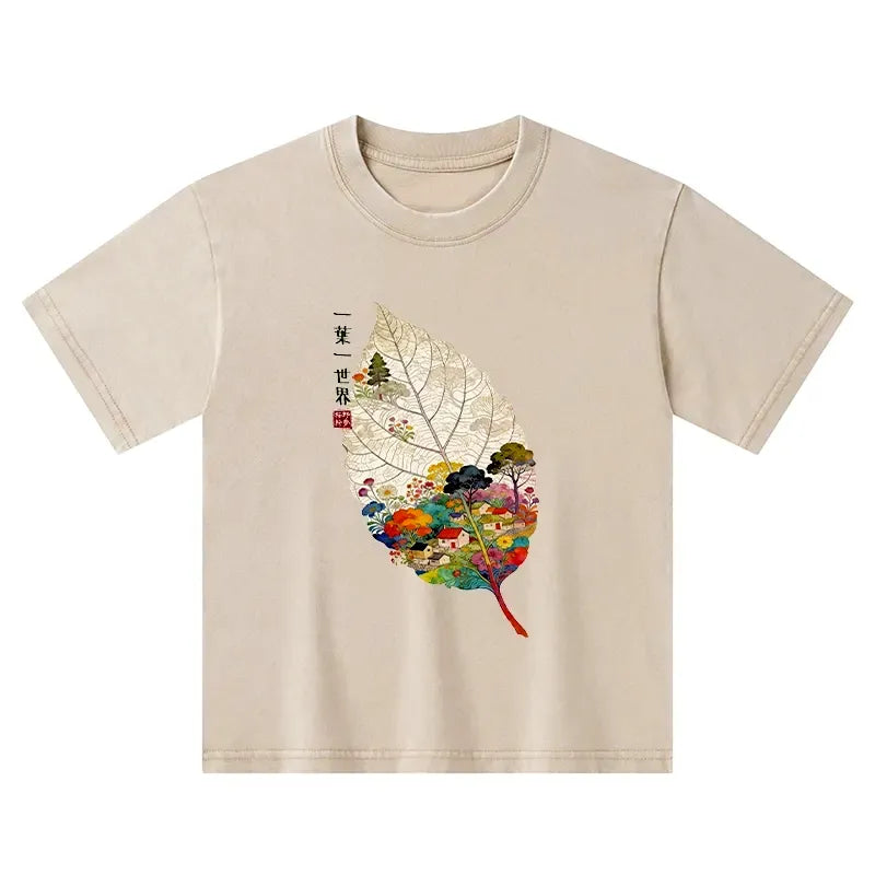 Kyoto-Lion One Leaf Holds A Tiny Colorful World Kids Washed T-Shirt