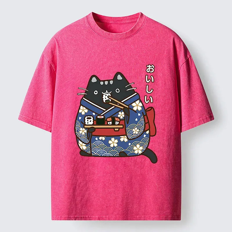Kyoto-Lion Geisha Cat Sushi Washed T-Shirt