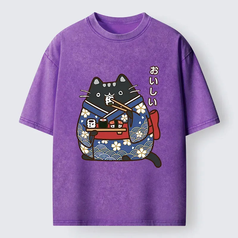 Kyoto-Lion Geisha Cat Sushi Washed T-Shirt