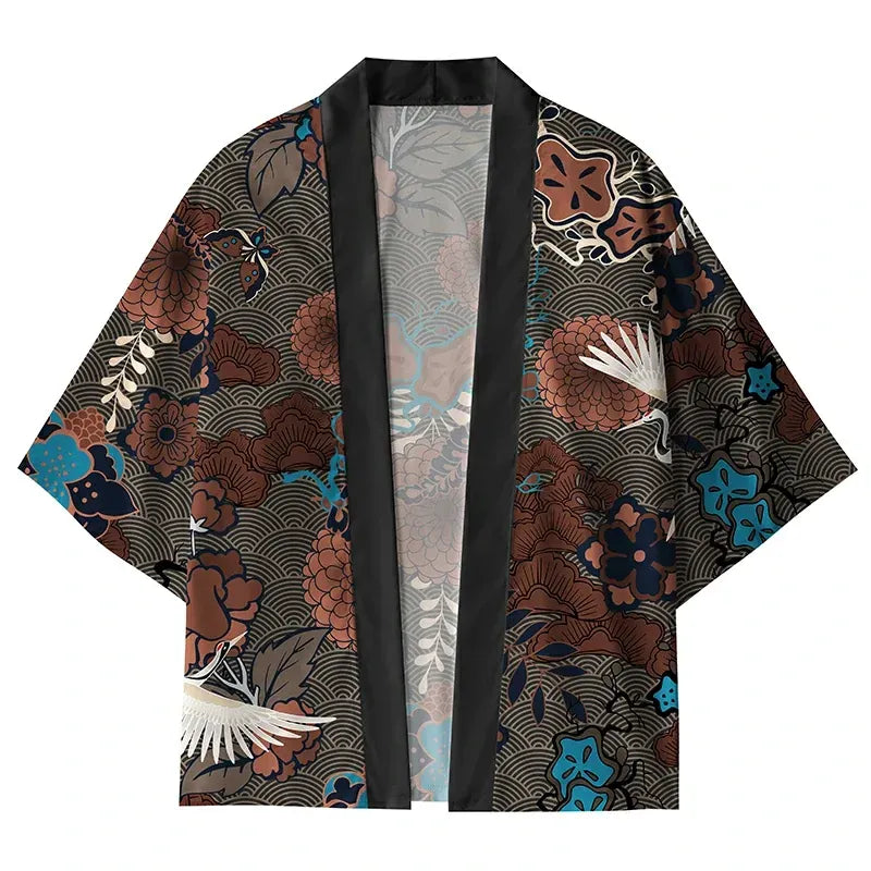 Japanese Kimono Cardigan with Cranes and Blooms