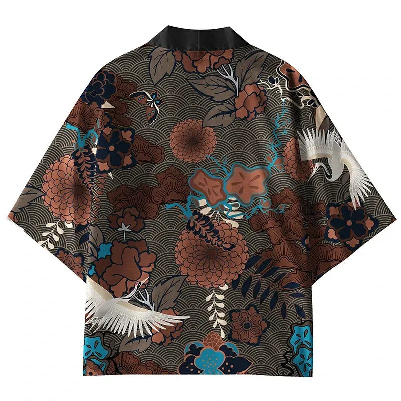 Kyoto-Lion Cranes And Blooms Kimono Cardigan