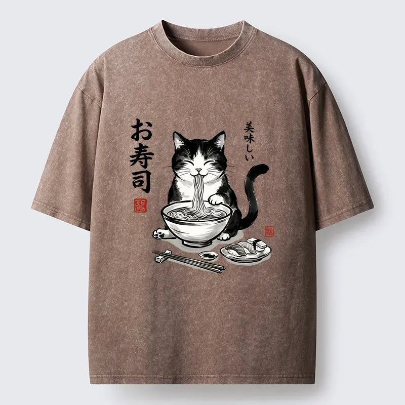 Washed Unisex Cat T-Shirt for Streetwear