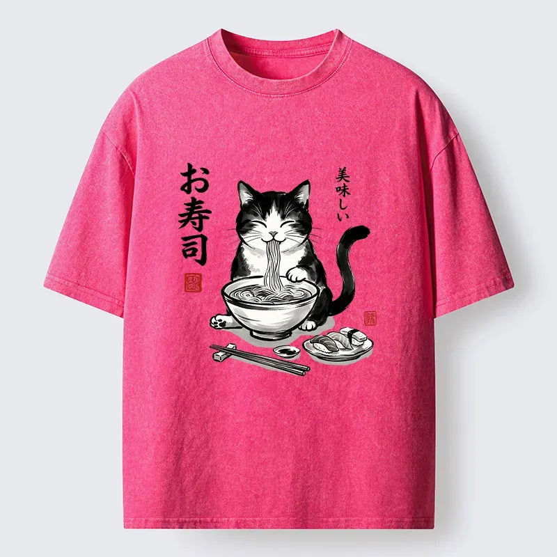 Washed Unisex Cat T-Shirt for Streetwear