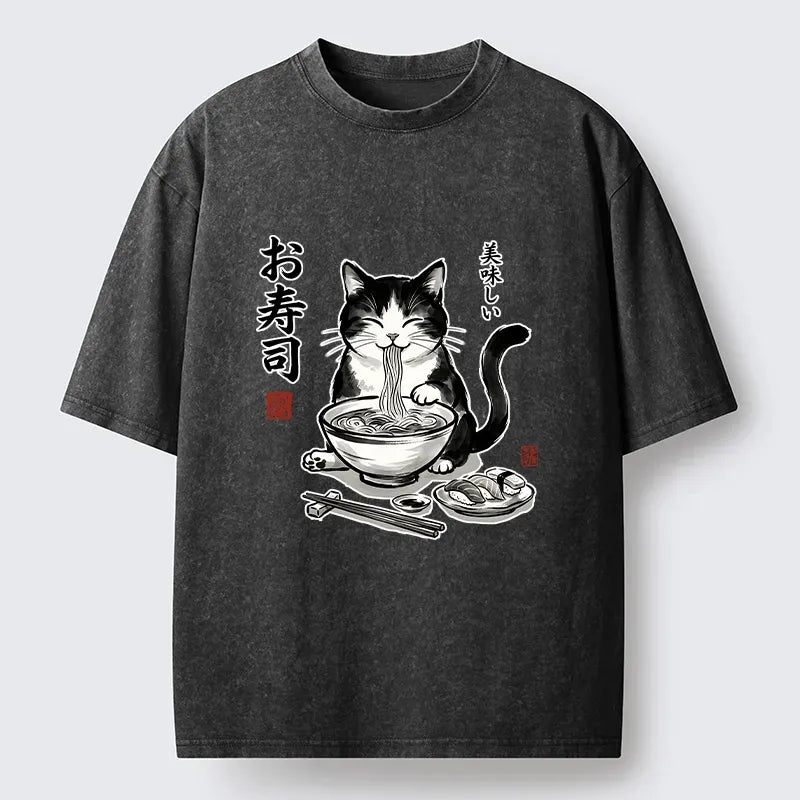 Washed Unisex Cat T-Shirt for Streetwear