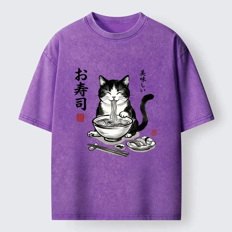 Kyoto-Lion Cats Eat Japanese Food Washed T-Shirt
