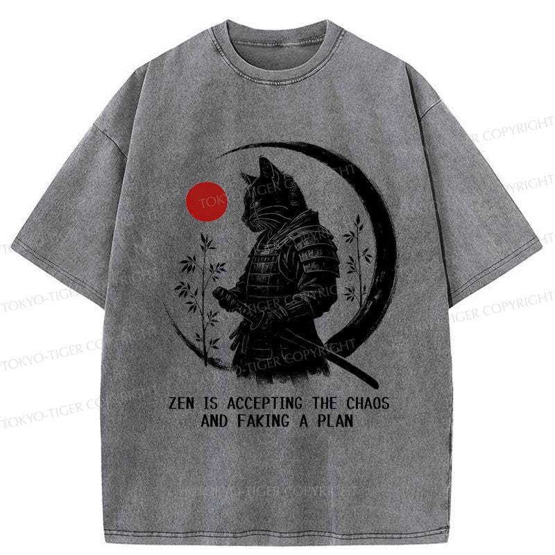 Japanese Zen Cat Washed T-Shirt for Daily Wear