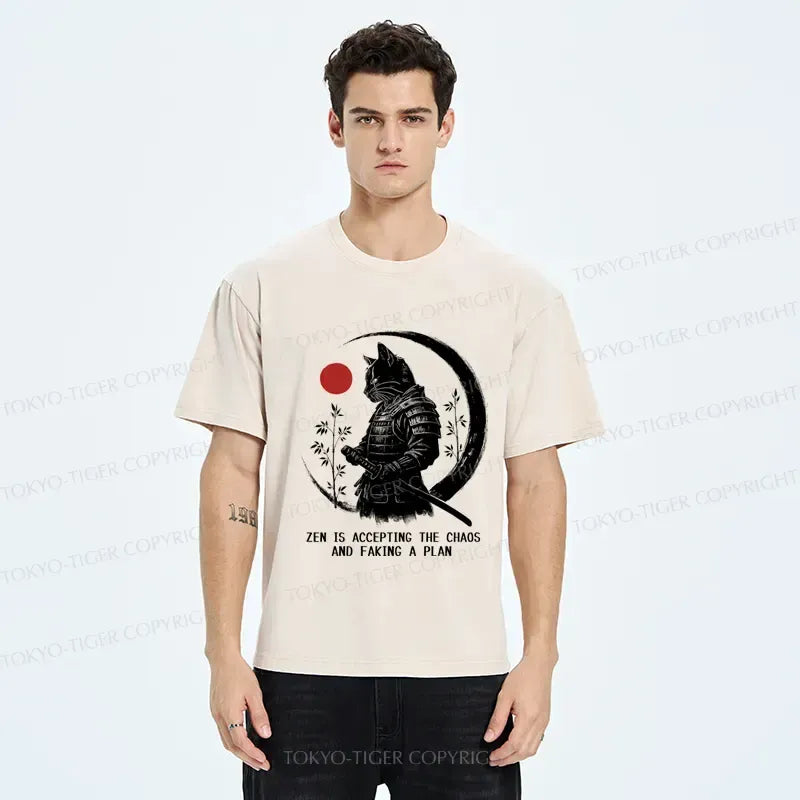 Kyoto-Lion Zen Cat: Warrior of Serenity Washed T-Shirt