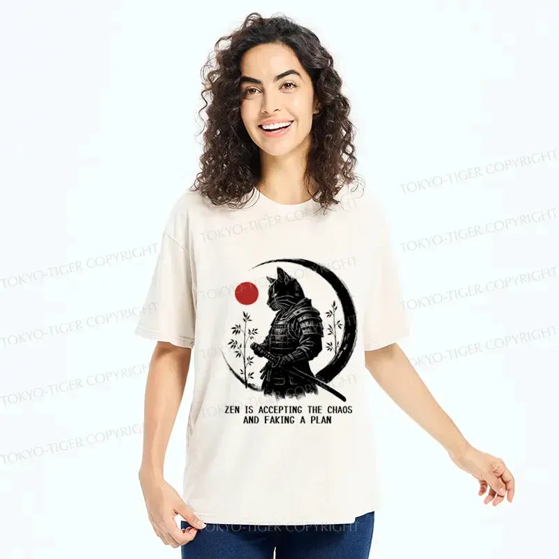 Japanese Zen Cat Washed T-Shirt for Daily Wear