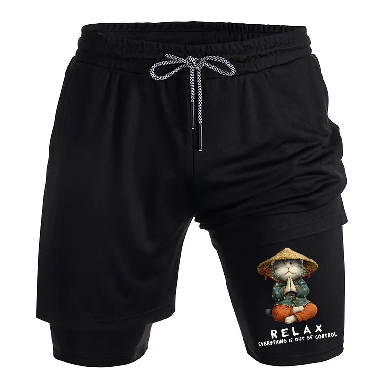 Kyoto-Lion Zen Relax Cat Graphic Training Shorts