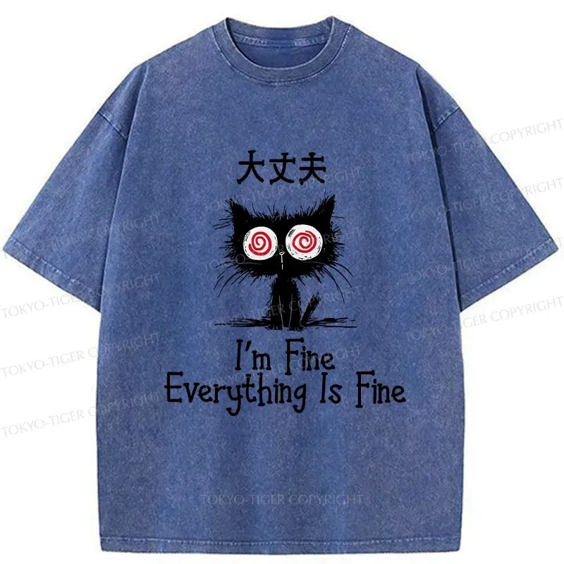 Washed Japanese Cat T-Shirt for Summer
