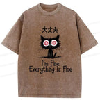 Washed Japanese Cat T-Shirt for Summer