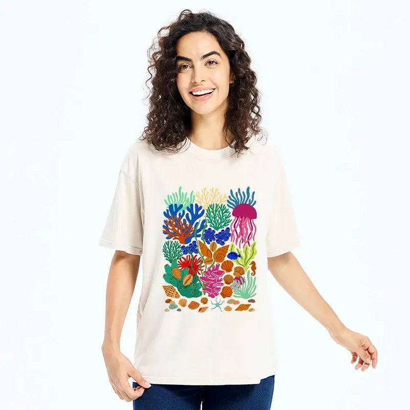 Kyoto-Lion Bright Sea Garden Full Of Sea Friends Washed T-Shirt
