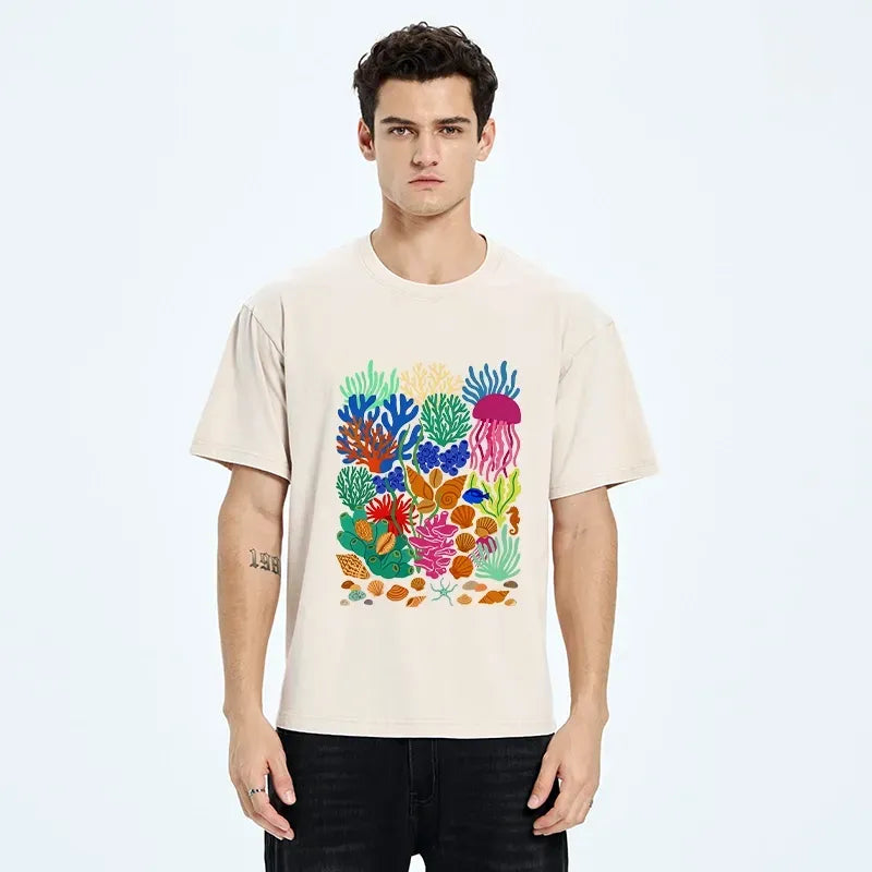 Kyoto-Lion Bright Sea Garden Full Of Sea Friends Washed T-Shirt
