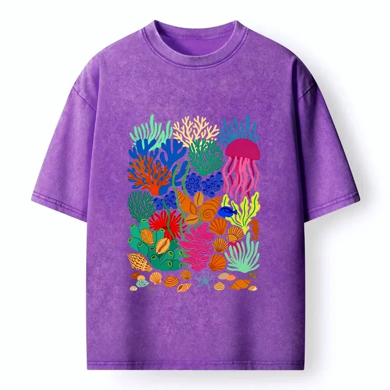 Kyoto-Lion Bright Sea Garden Full Of Sea Friends Washed T-Shirt