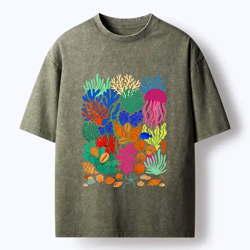 Kyoto-Lion Bright Sea Garden Full Of Sea Friends Washed T-Shirt