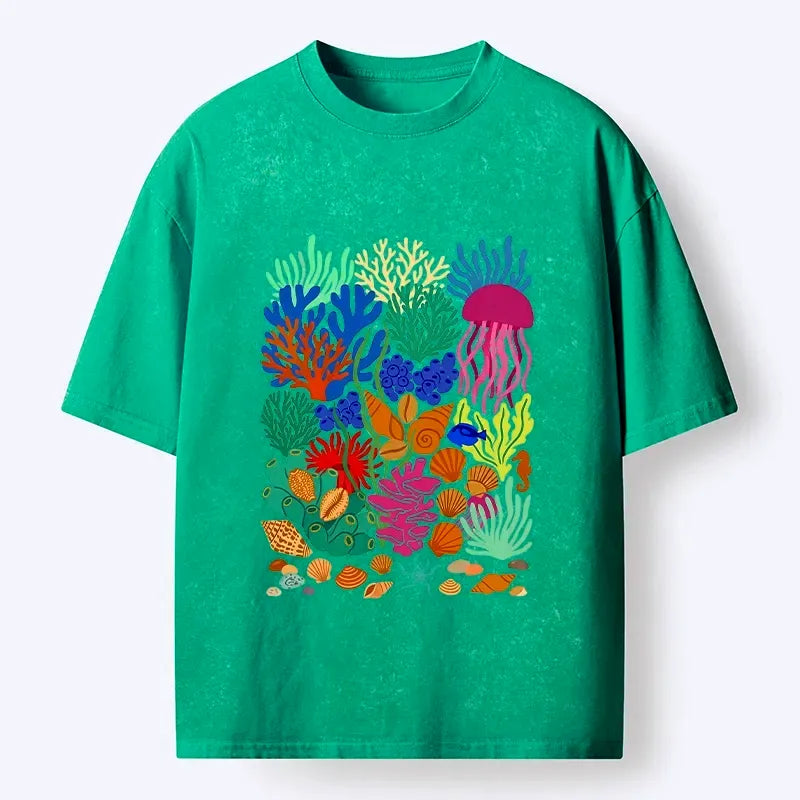 Kyoto-Lion Bright Sea Garden Full Of Sea Friends Washed T-Shirt