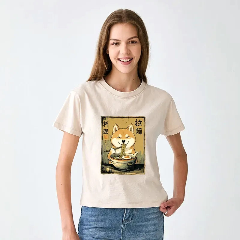 Kyoto-Lion Happy Shiba Eating Ramen Women's Washed T-shirt