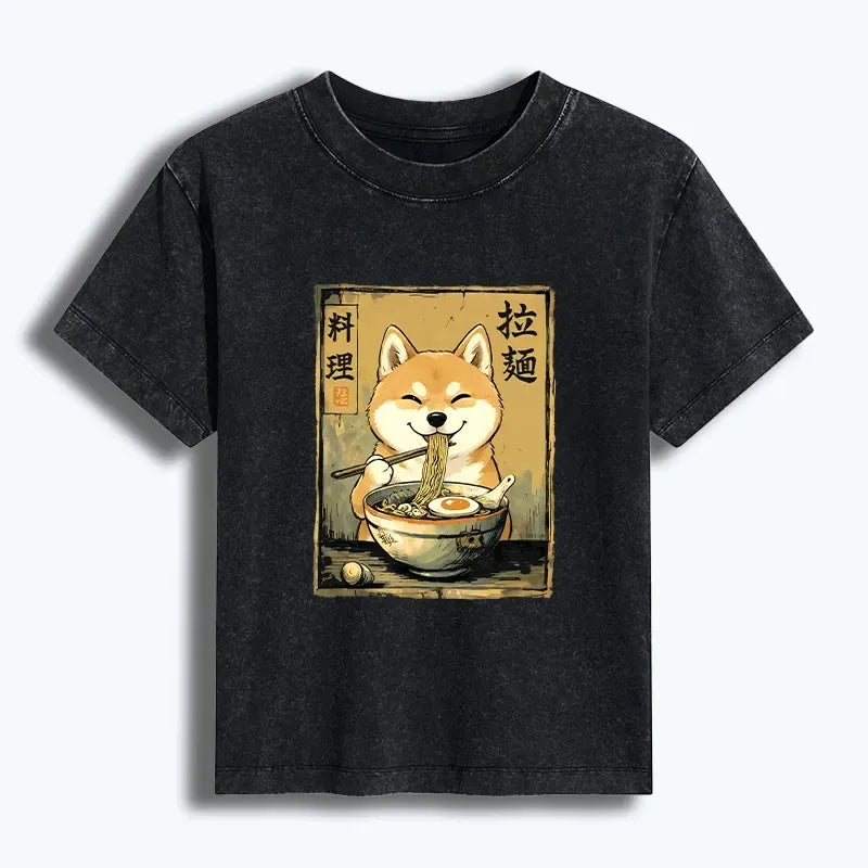 Kyoto-Lion Happy Shiba Eating Ramen Women's Washed T-shirt