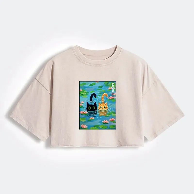 Washed cotton crop t-shirt with cats lotus pond