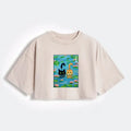 Washed cotton crop t-shirt with cats lotus pond