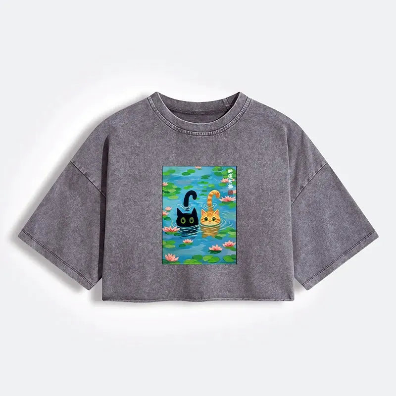 Kyoto-Lion Cats In The Lotus Pond Women's Washed Crop T-Shirt