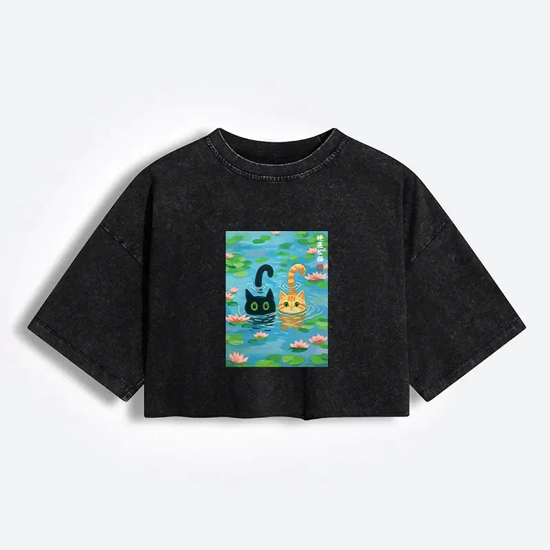 Kyoto-Lion Cats In The Lotus Pond Women's Washed Crop T-Shirt