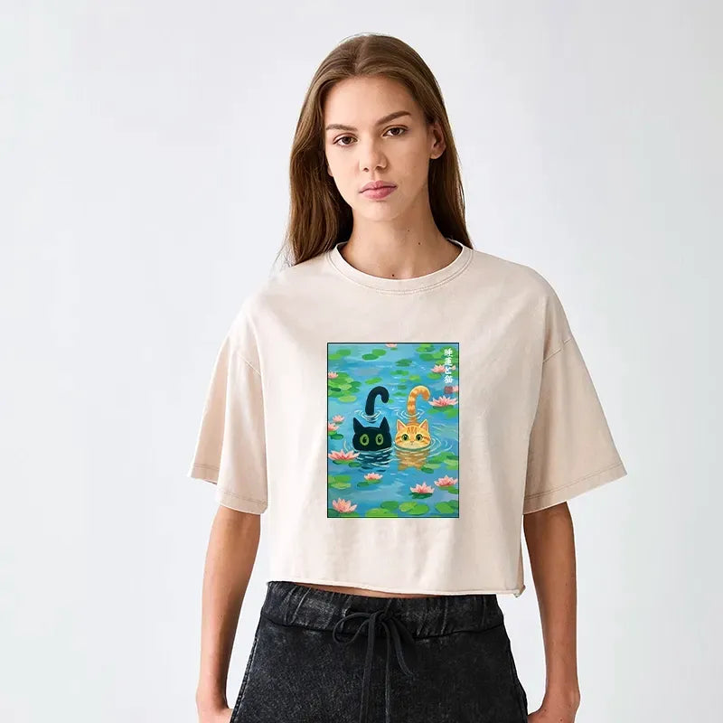 Japanese vintage cat crop top for women