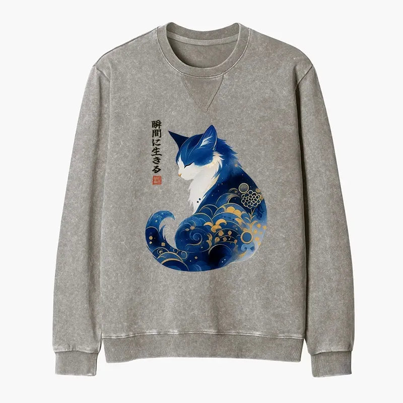 Kyoto-Lion Retro Zen Cat: Living the Present Washed Terry Sweatshirt