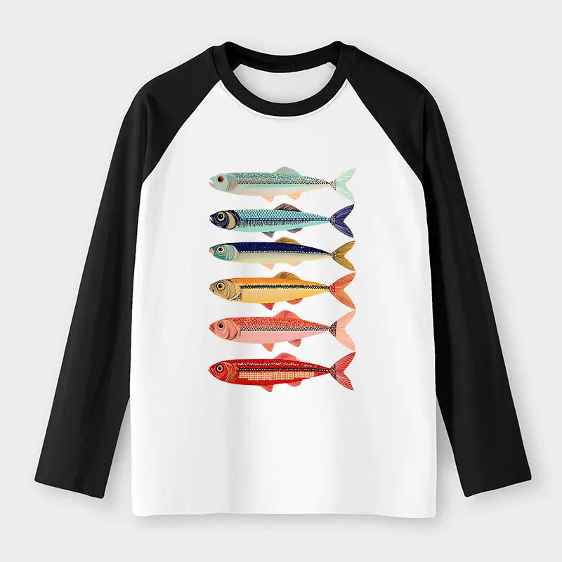Kyoto-Lion Colorful Fish Stack Raglan Long Sleeve T-shirt