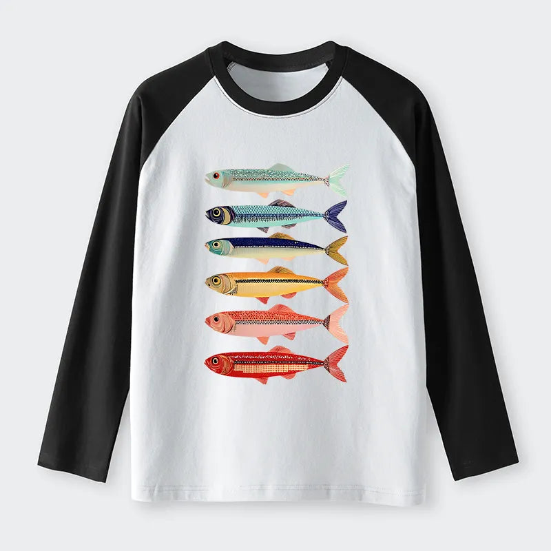 Kyoto-Lion Colorful Fish Stack Raglan Long Sleeve T-shirt
