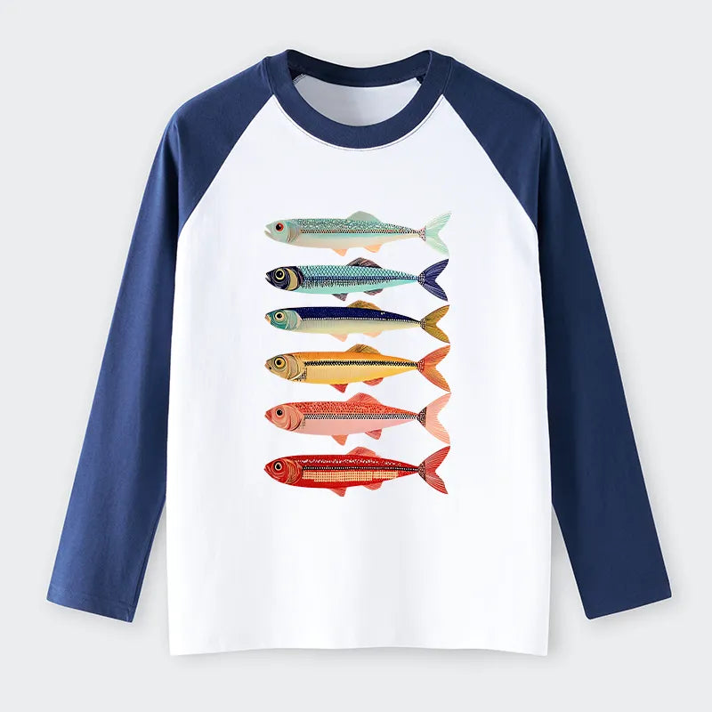 Kyoto-Lion Colorful Fish Stack Raglan Long Sleeve T-shirt