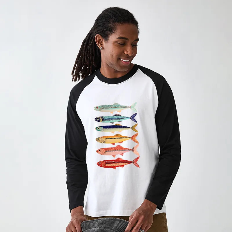 Kyoto-Lion Colorful Fish Stack Raglan Long Sleeve T-shirt