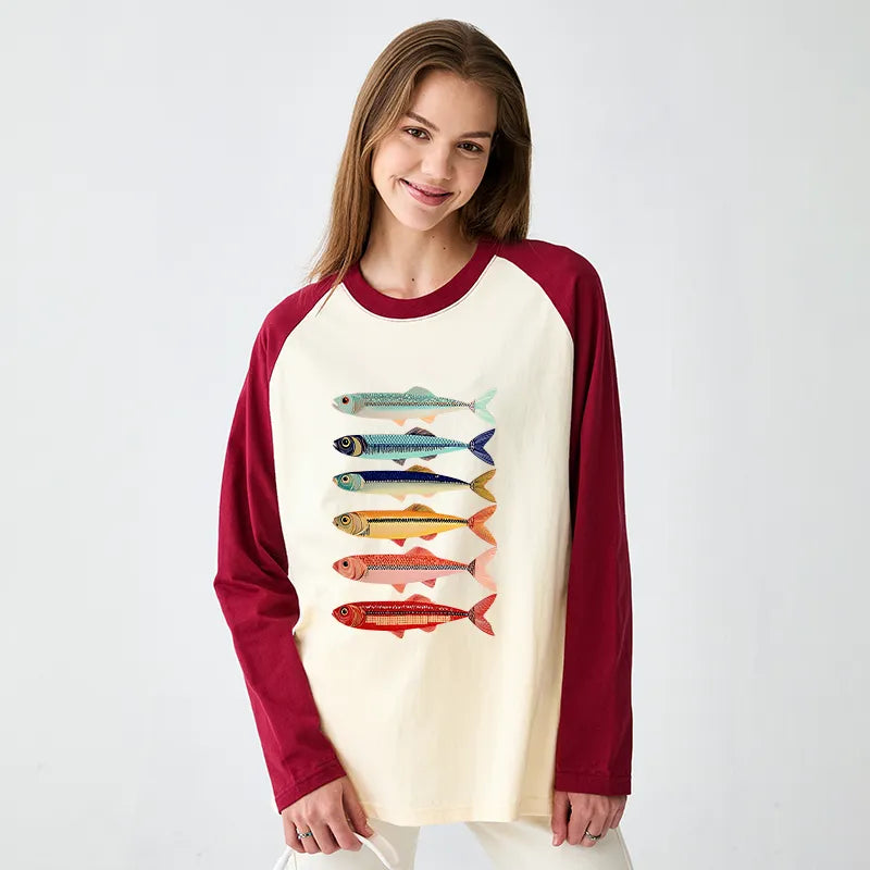 Kyoto-Lion Colorful Fish Stack Raglan Long Sleeve T-shirt