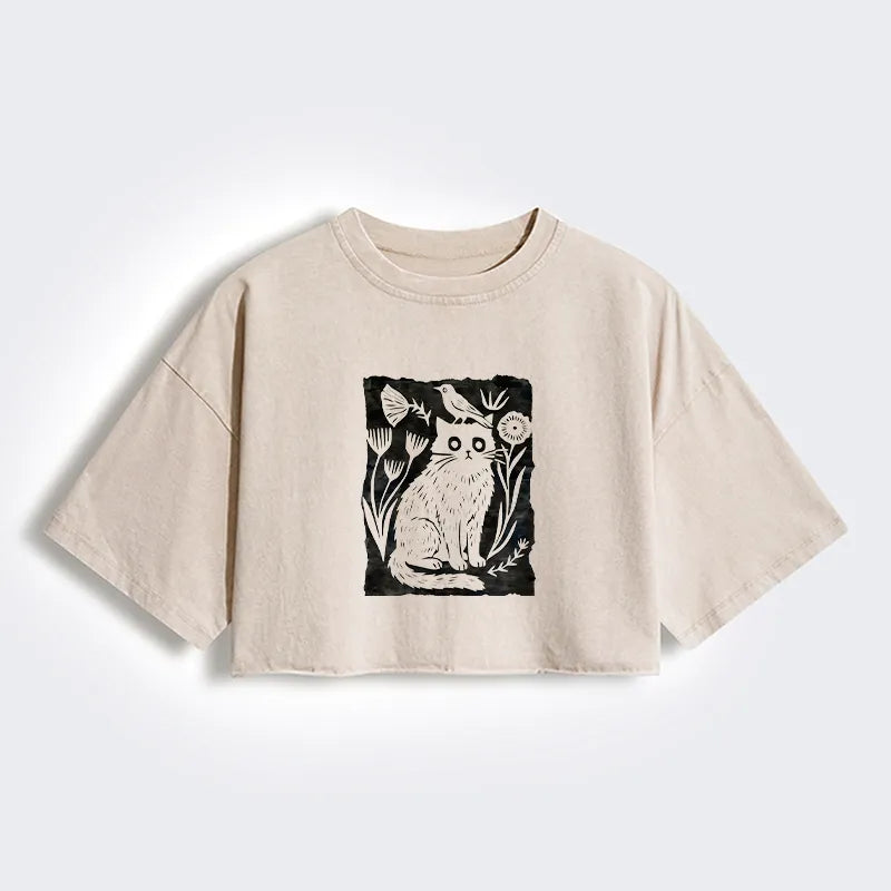 Kyoto-Lion Folk Paper Cut Cat Bird Floral Art Women's Washed Crop T-Shirt