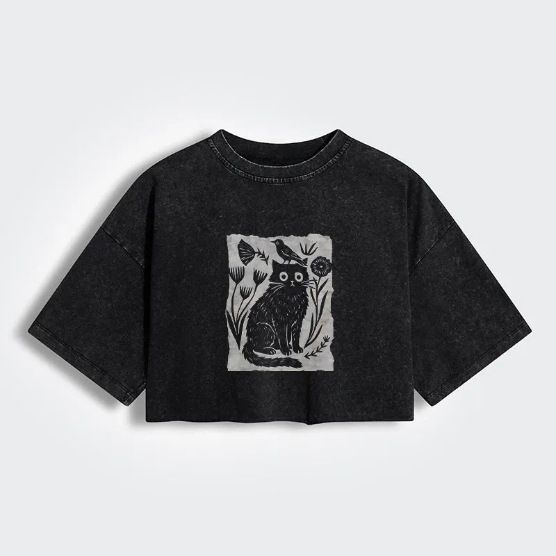Kyoto-Lion Folk Paper Cut Cat Bird Floral Art Women's Washed Crop T-Shirt