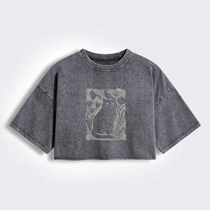 Kyoto-Lion Folk Paper Cut Cat Bird Floral Art Women's Washed Crop T-Shirt
