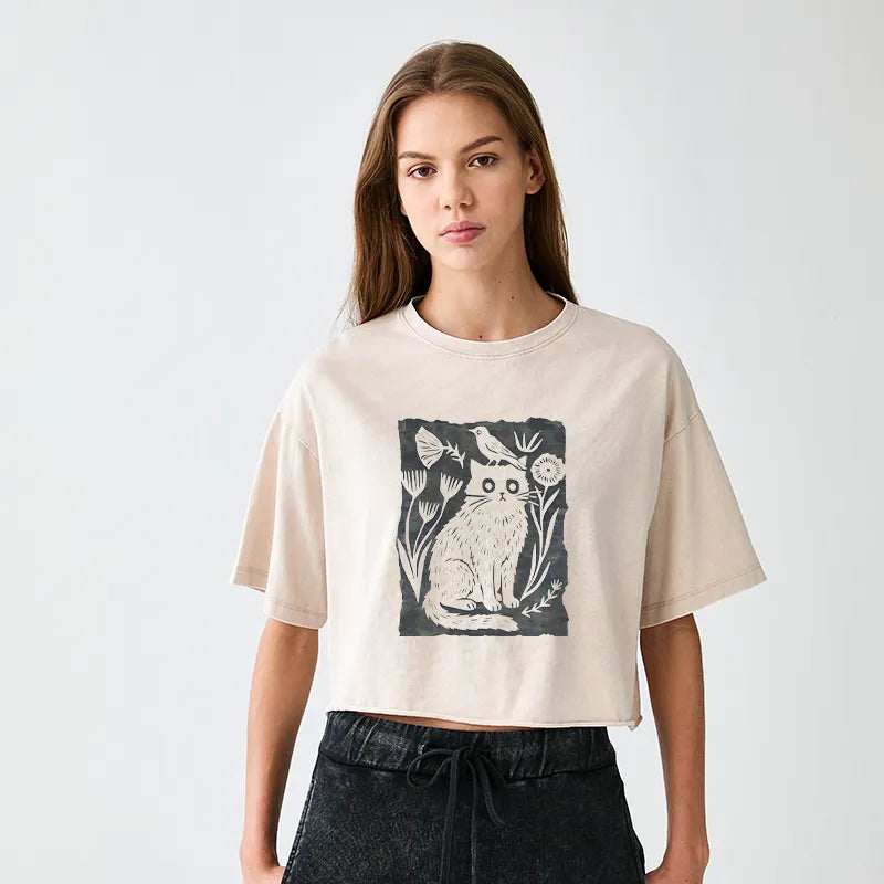 Kyoto-Lion Folk Paper Cut Cat Bird Floral Art Women's Washed Crop T-Shirt