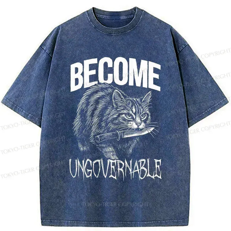 Kyoto-Lion Uncontrolled Cat Funny Washed T-Shirt