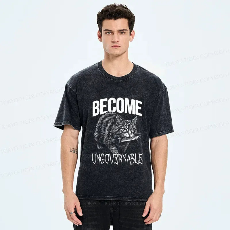 Kyoto-Lion Uncontrolled Cat Funny Washed T-Shirt