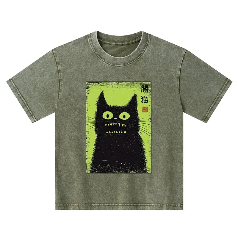 Vintage washed black cat tee for kids