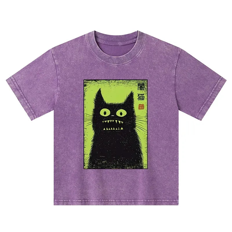 Japanese spooky black cat kids t-shirt