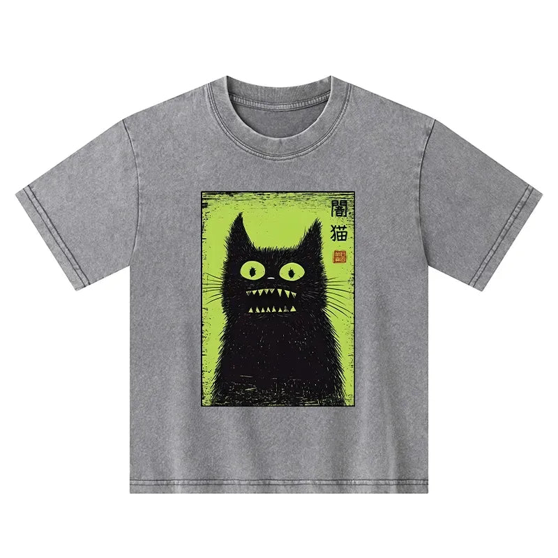 Kyoto-Lion Spooky Black Cat Japanese Kids Washed T-Shirt