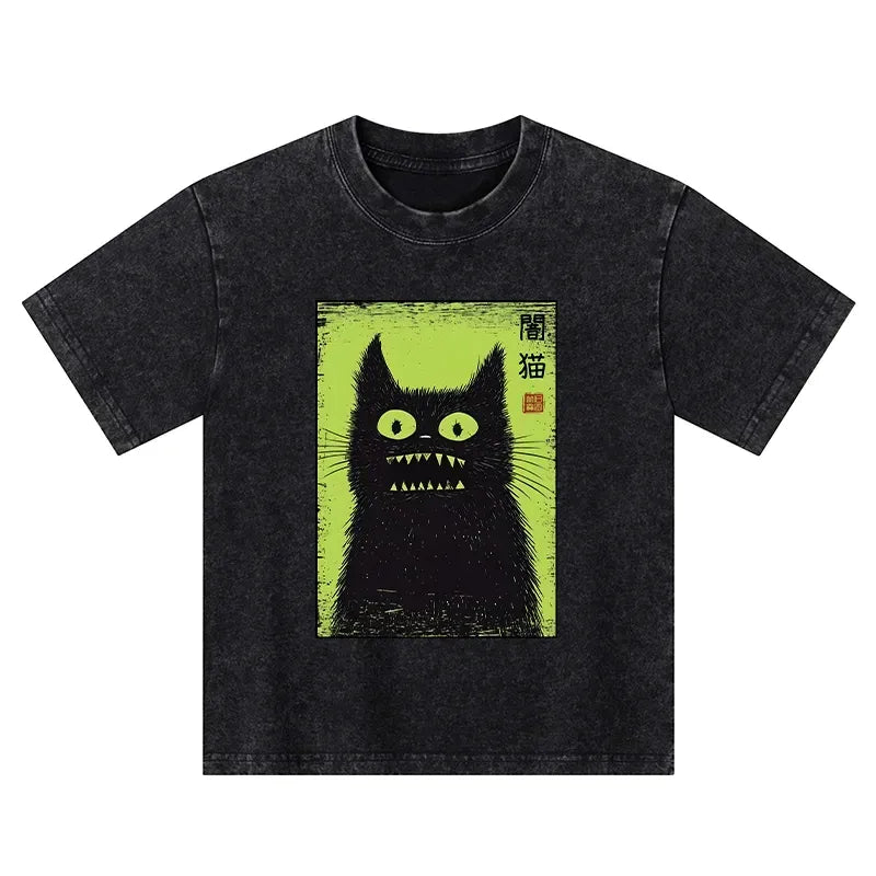 Japanese spooky black cat kids t-shirt