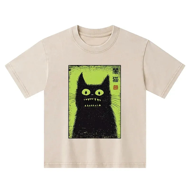 Vintage washed black cat tee for kids