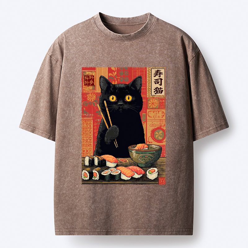Kyoto-Lion Neko Eats Sushi Washed T-Shirt