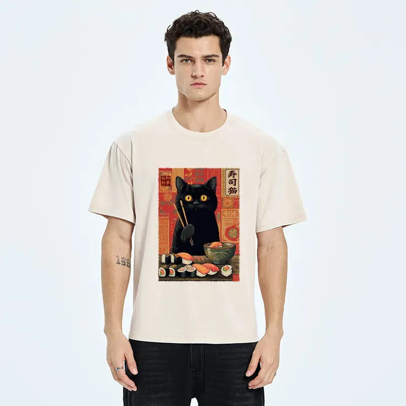 Kyoto-Lion Neko Eats Sushi Washed T-Shirt