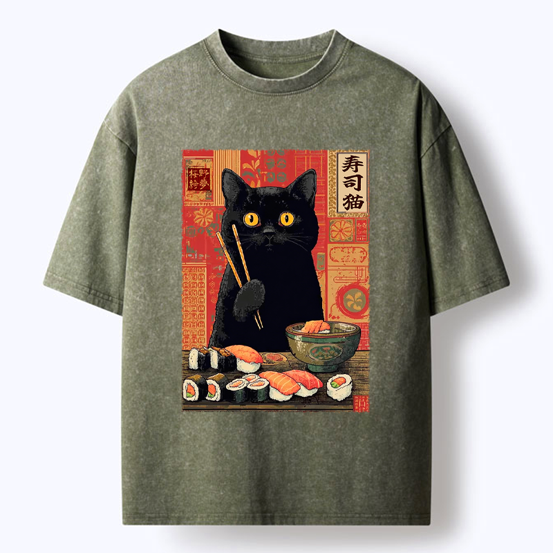 Kyoto-Lion Neko Eats Sushi Washed T-Shirt