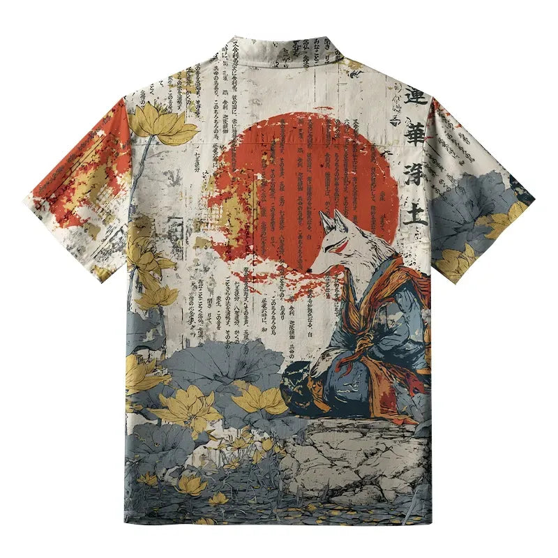 Kyoto-Lion Fox Fairy On Lotus Pure Land Aloha Hawaiian Shirt