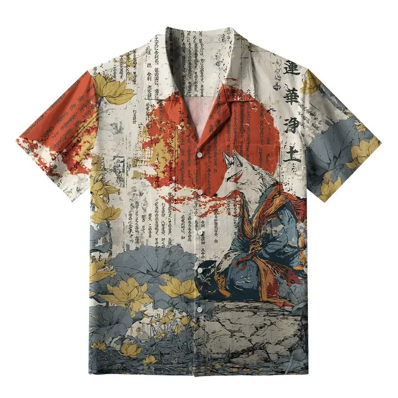 Kyoto-Lion Fox Fairy On Lotus Pure Land Aloha Hawaiian Shirt