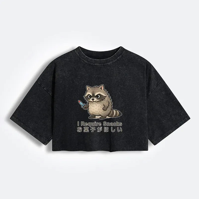 Kyoto-Lion Raccoons Need Snacks Funny Women's Washed Crop T-Shirt